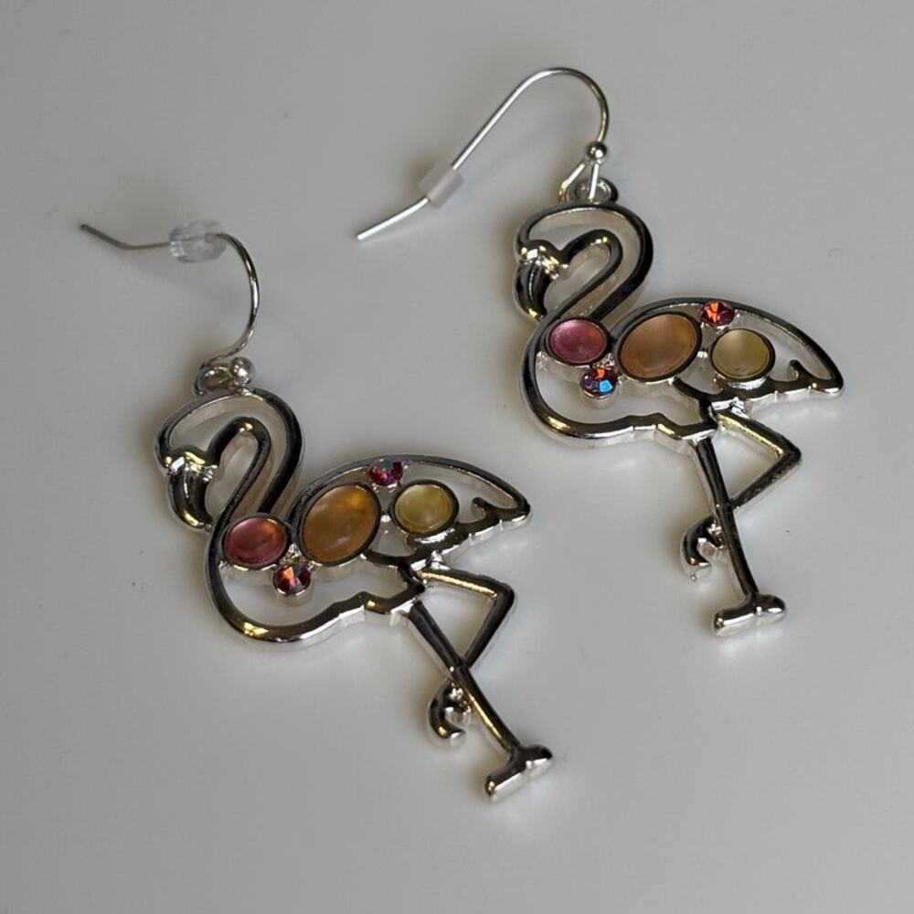 Flamingo Pink Rhinestone Silver Tone Dangle Drop Beach Vacation Earrings NWT